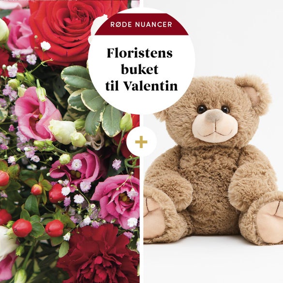 Floristens valentinsbuket i røde nuancer med Bobo
